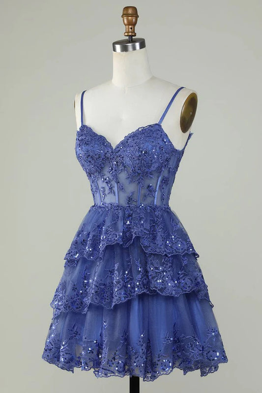 Gorgeous Navy Blue Sequined Corset Design A-line Spaghetti Strap Homecoming Dress TP3594