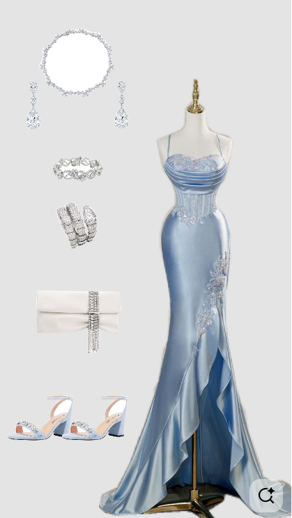 Vintage Sky Blue Applique Sequin Sheath Sweetheart Satin Evening Gown Spaghetti Strap Party Dress Slit Ruffled Long Formal Dress TP4902