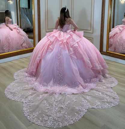 Elegant Pink Sweetheart Embroidered Sequins Quinceanera Ball Gown TP5244