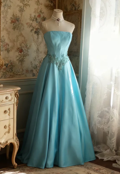 Chic Strapless A-Line Sky Blue Beaded Embroidery Prom Dress TP5642