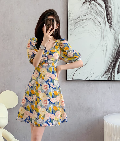 New Fashion Simple Floral Short Sleeves Design V-neck Slim Dress TP3052