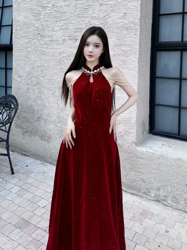 Elegant Burgundy Sparkle Velvet Halter-Neck Pearl Tassel Cold Shoulder A-Line Prom Dress TP6097
