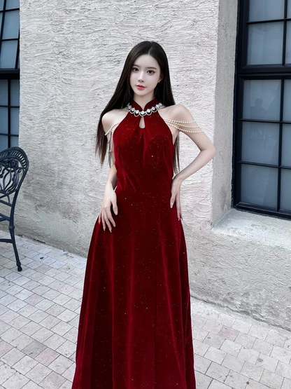Elegant Burgundy Sparkle Velvet Halter-Neck Pearl Tassel Cold Shoulder A-Line Prom Dress TP6097