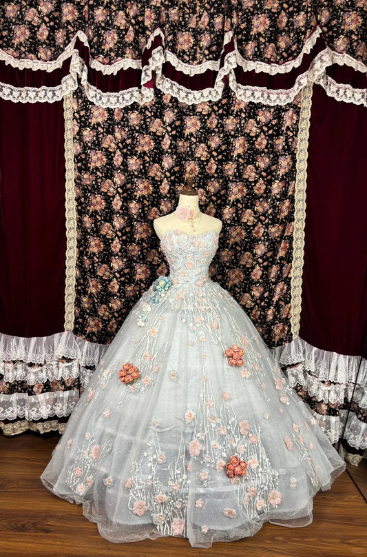 Pretty Sweetheart Strapless A-line 3D Flower Tulle Prom Dress Evening Gown TP3785