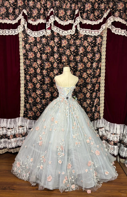 Pretty Sweetheart Strapless A-line 3D Flower Tulle Prom Dress Evening Gown TP3785