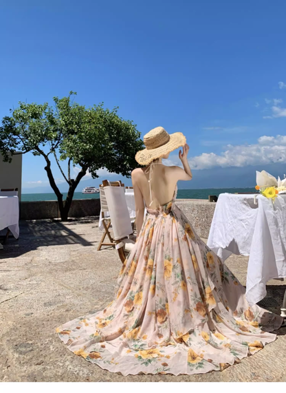 New Fashion Floral V-neck Design Elegant Beach Holiday A-line Sleeveless Halter Dress Summer DressTP4257