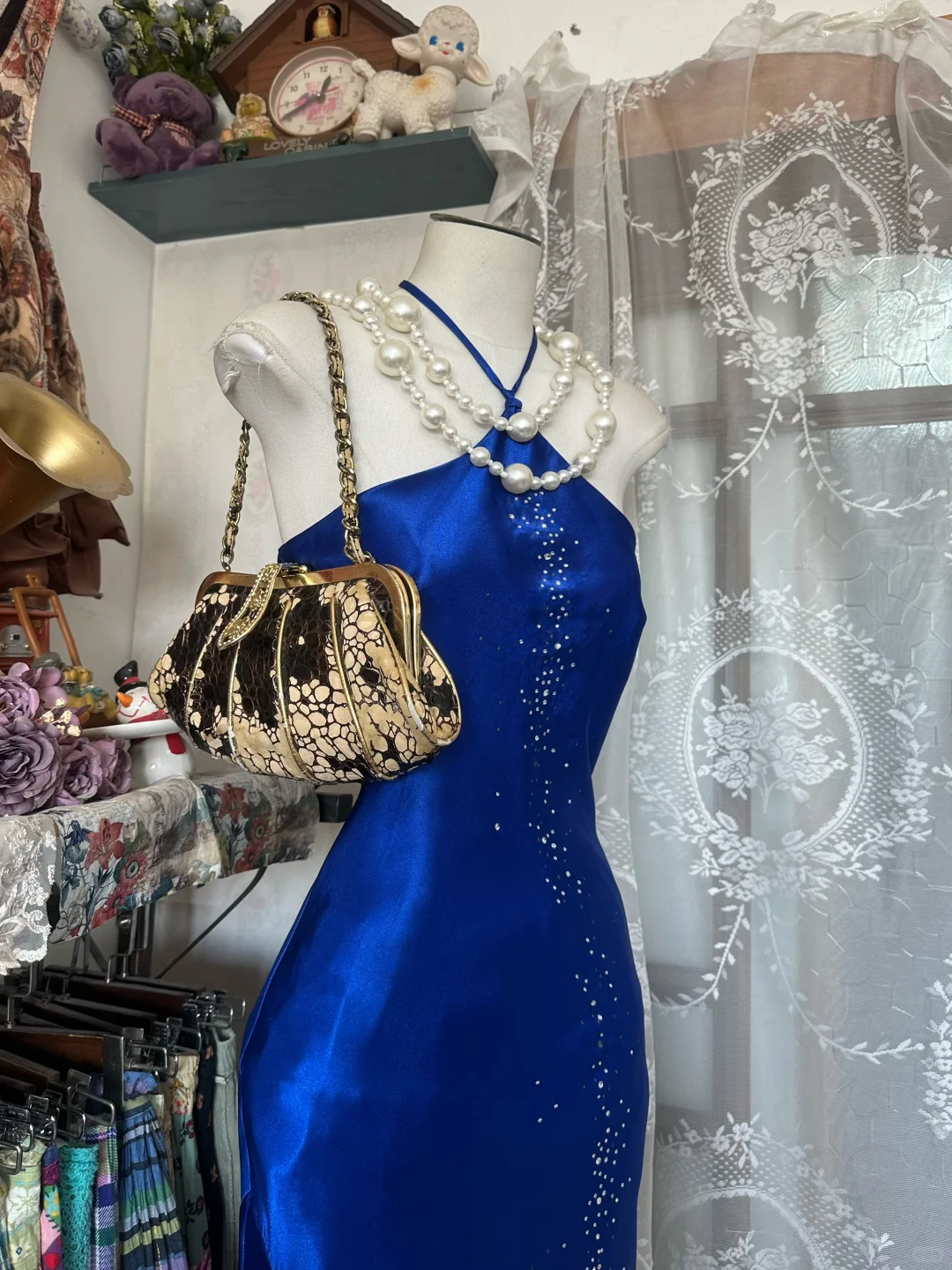 Vintage Royal Blue Satin Mermaid Halter Neck Rhinestone Evening Gown TP5354