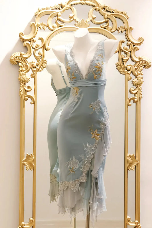 Romantic V-Neck Beaded Floral Embroidery Bodycon Ruffled Asymmetrical Hem Homecoming Dress TP5943