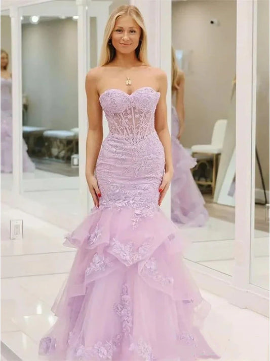 Glamorous Lavender Strapless 3D Floral Mermaid Prom Dress Evening Gown TP5729