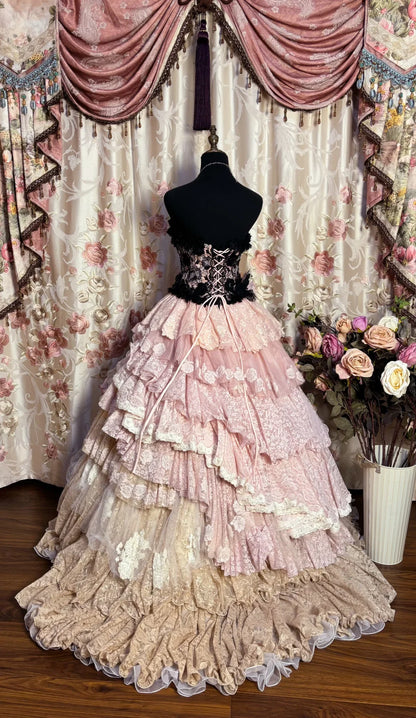 Vintage Pink Lace Strapless Tiered Sweet 16 Quinceanera A-Line Evening Dress Ball Gown TP4289