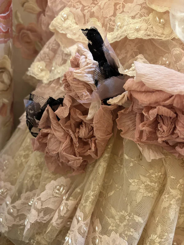 Vintage Pink Lace Strapless Tiered Sweet 16 Quinceanera A-Line Evening Dress Ball Gown TP4289