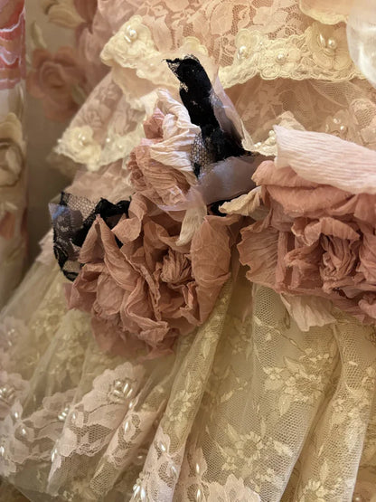 Vintage Pink Lace Strapless Tiered Sweet 16 Quinceanera A-Line Evening Dress Ball Gown TP4289