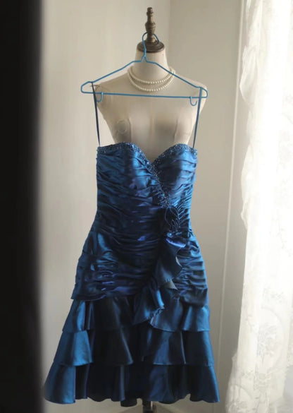 Vintage Royal Blue Beaded A-Line Satin Strapless Sweetheart Tiered Party Dresses Homecoming Dresses TP3806