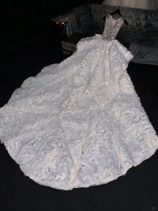 Gorgeous Beaded Sleeveless Ruffled Tulle A-Line Tiered Wedding Dress TP5399