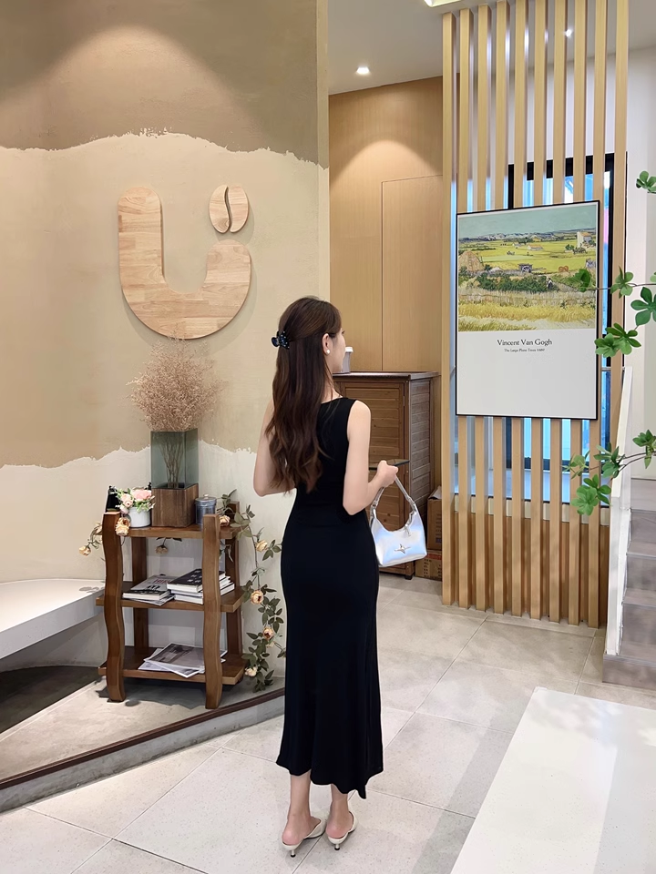 New Fashion Black Sleeveless Elegant Split Spaghetti Strap Dress TP2981