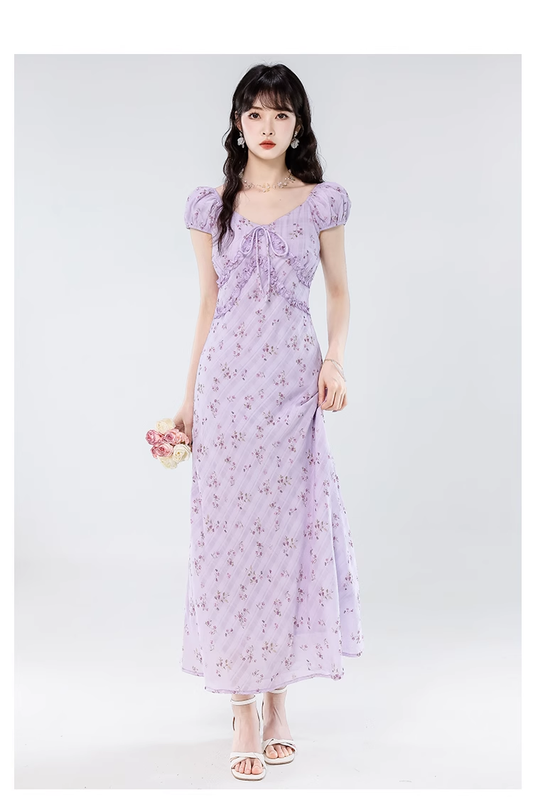 Simple Fashion Floral Design Sweet A-line V-neck Short-sleeved Dress TP3347