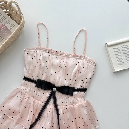 Simple Polka dot Pattern Design A-line Sleeveless Spaghetti Strap Tiered Dress TP3290