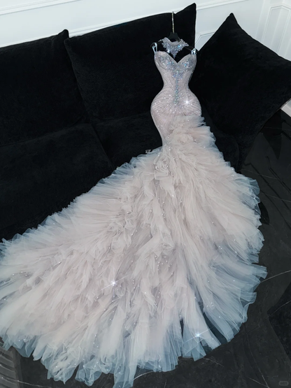 Shiny Beaded White Sweetheart Tulle Sequin Design Elegant Mermaid Floor-length Wedding Dress TP4190