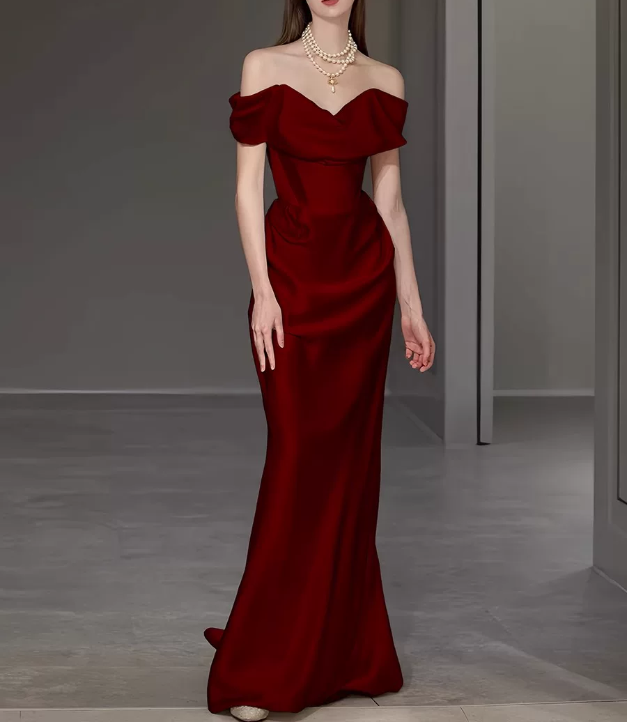 Elegant Burgundy Satin Off-the-Shoulder Mermaid Draped Prom Dress TP6099
