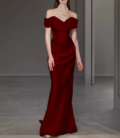 Elegant Burgundy Satin Off-the-Shoulder Mermaid Draped Prom Dress TP6099