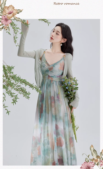 Vintage Fashion Floral Print Design Long-sleeved Cardigan A-line Long Spaghetti Strap Dress TP3335