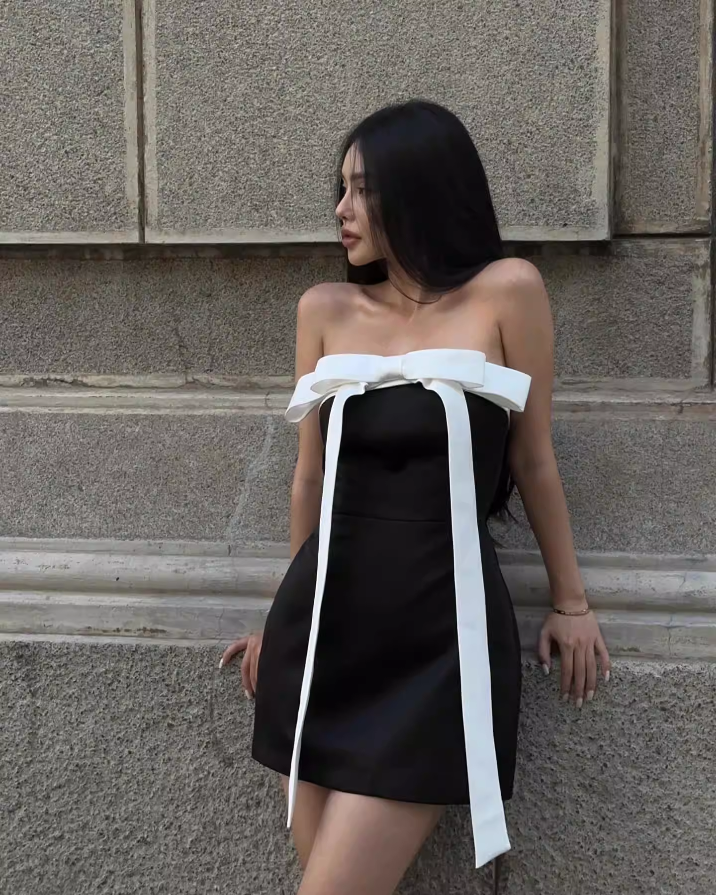 Vintage Black Strapless Sheath Bow Design Mini Dress Homecoming Dress Party Dress Short Cocktail Dress TP5185