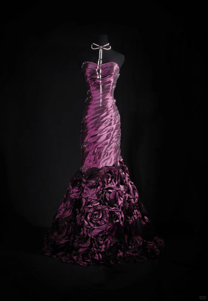 Elegant Purple Satin Strapless Beaded Mermaid Sweetheart Ruffle Evening Gown TP5412