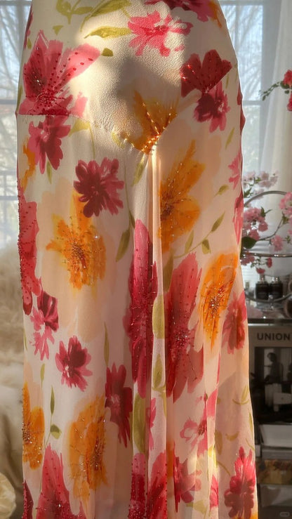 Romantic Ruffled Colorful Floral Printed Mermaid Chiffon Spaghetti Strap Prom Dress TP5686