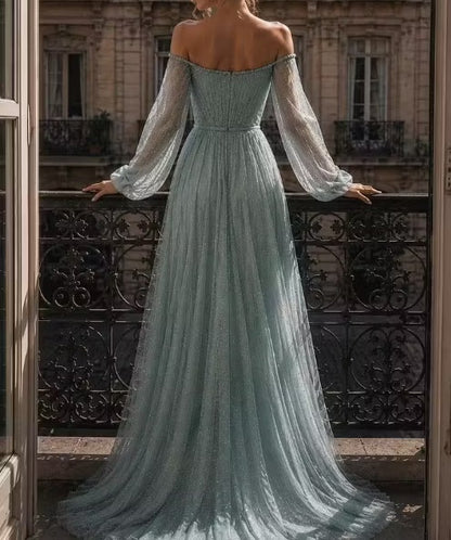 Vintage Dusty Sage Sparkle Tulle Off-the-Shoulder Long Sleeve A-Line Evening Gown TP5899