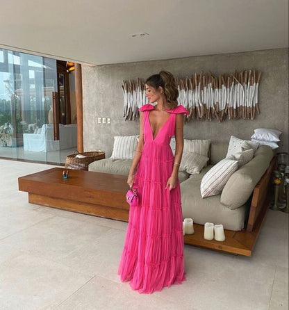Vintage Hot Pink V-neck Prom Dress Long Pleated Evening Dress A-Line Backless Formal Dress TP4591
