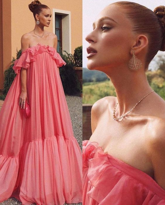 Vintage Pink Off-the-shoulder Prom Dress Long Pleated Evening Dress Formal Dress TP4574