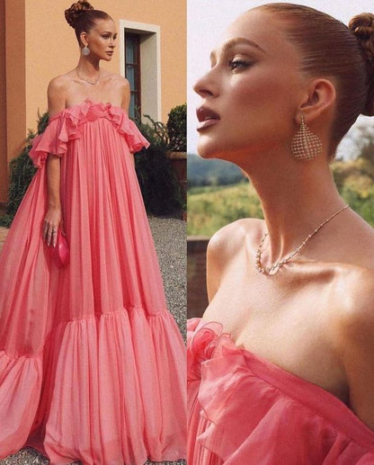 Vintage Pink Off-the-shoulder Prom Dress Long Pleated Evening Dress Formal Dress TP4574