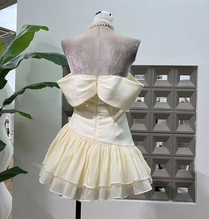 Vintage Ivory Off-the-Shoulder Bow Ruched Tiered Chiffon A-Line Homecoming Dress TP6036