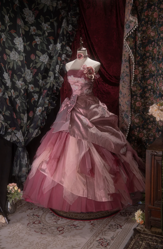 Gorgeous Pink Strapless Tiered Tulle & Satin Floral Ball Gown TP5788