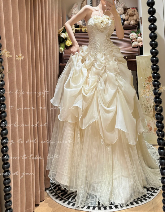 Gorgeous Ivory Strapless 3D Rose Appliques Ruffled Tulle Wedding Dress TP5449