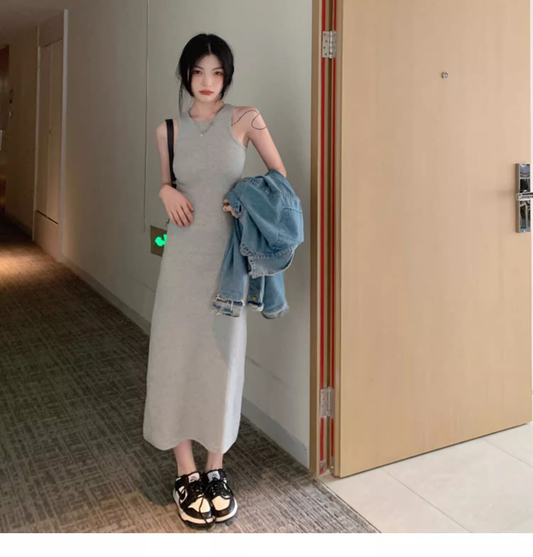 Simple Women Fashion Gray Black Halter Dress TP2988