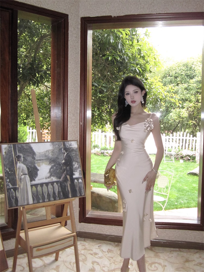 New Elegant Three-dimensional Floral Decoration Slim Mermaid Spaghetti Strap Dress TP2969