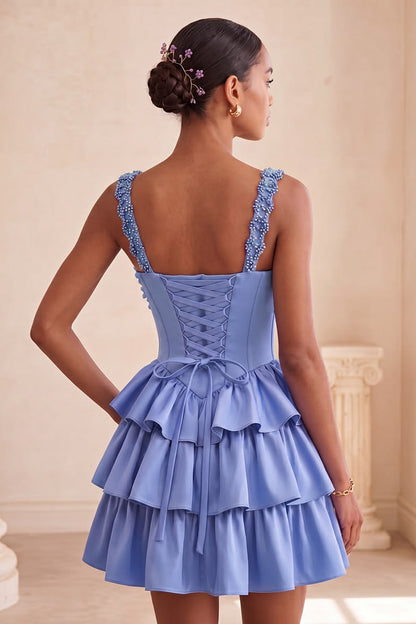 Cute 3D Floral Beaded Straps Tiered Ruffle Satin A-Line Cocktail Party Homecoming Dress TP5937