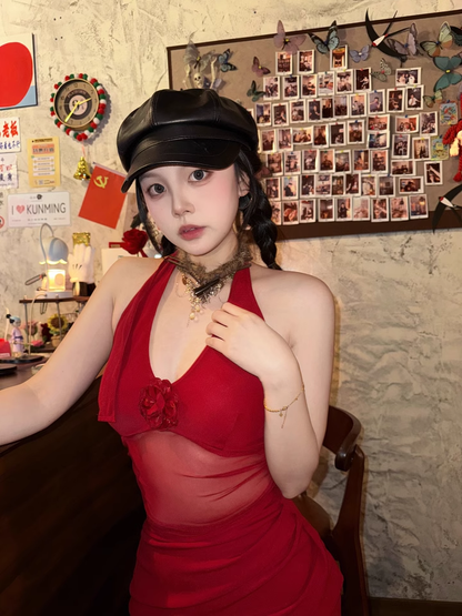 Women Simple Red Sexy Fashion Halter Dress TP2868