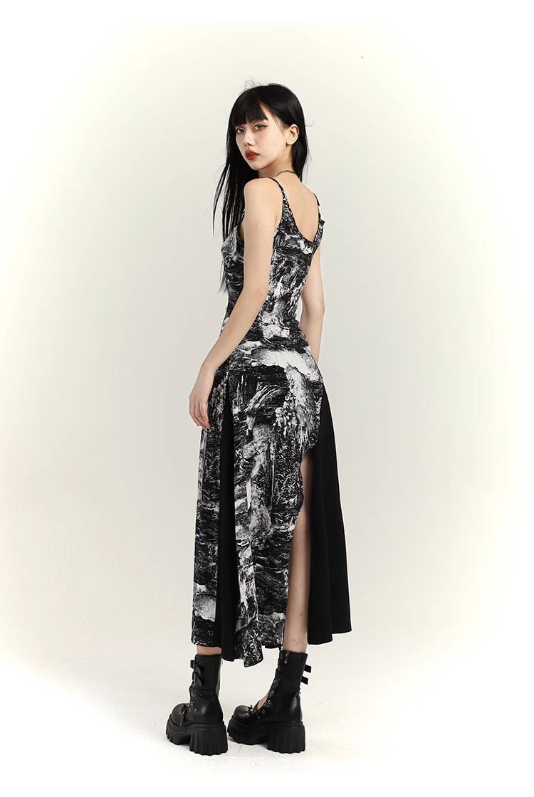 Fashion Black & White Ink Artistic Sense Irregular Design Spaghetti Strap Dress TP2919