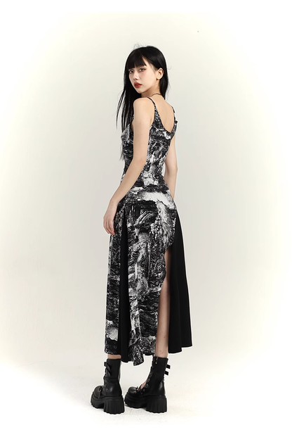Fashion Black & White Ink Artistic Sense Irregular Design Spaghetti Strap Dress TP2919
