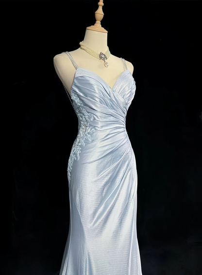 Glamorous Light Blue Embroidery Beaded Prom Dress Mermaid Sweetheart Spaghetti Strap Evening Gown TP5167