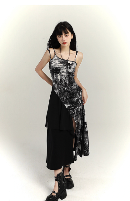 Fashion Black & White Ink Artistic Sense Irregular Design Spaghetti Strap Dress TP2919