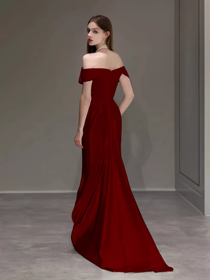 Elegant Burgundy Satin Off-the-Shoulder Mermaid Draped Prom Dress TP6099
