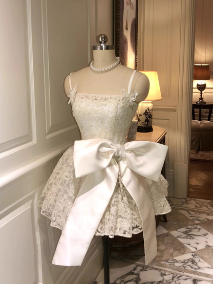 Vintage White Lace Bowknot Design Spaghetti Strap A-Line Homecoming Dress Party Dress Cocktail Dress TP4728