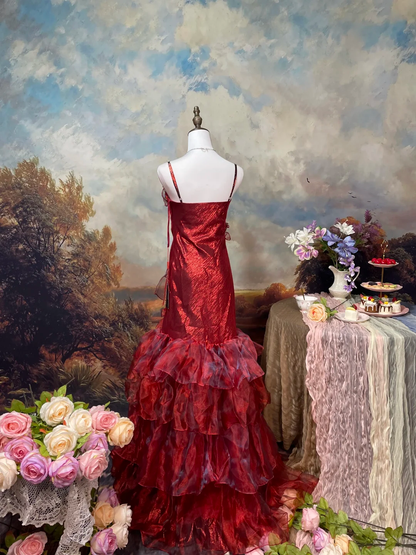 Vintage Burgundy Ruffled Tulle Mermaid Spaghetti Straps Beaded Evening Gown TP5457