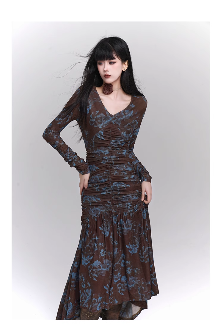 New Fashion Design Floral Pattern Women Long-sleeved Dress TP2946