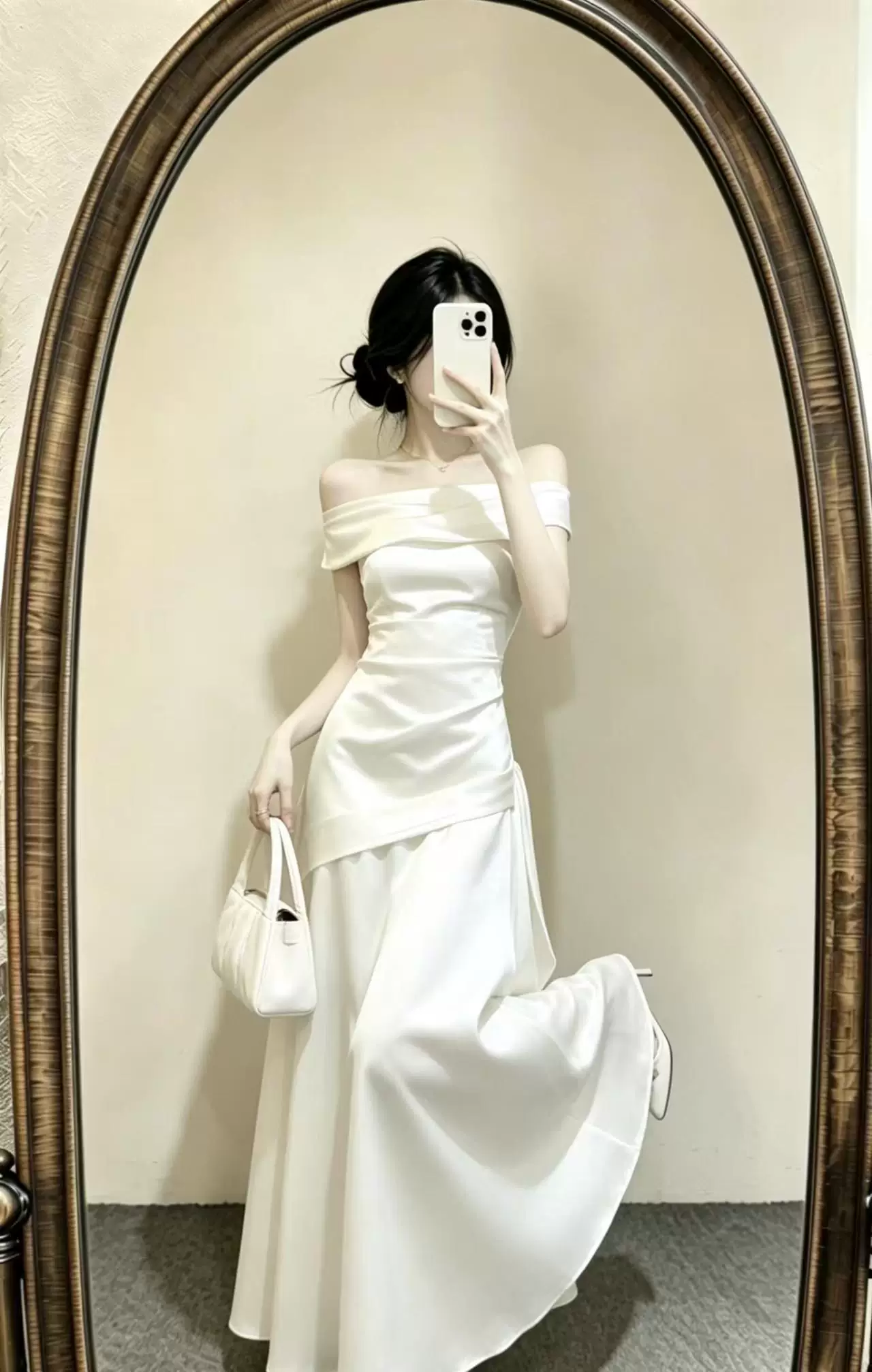 Vintage White Satin Off-the-Shoulder Evening Gown TP6078