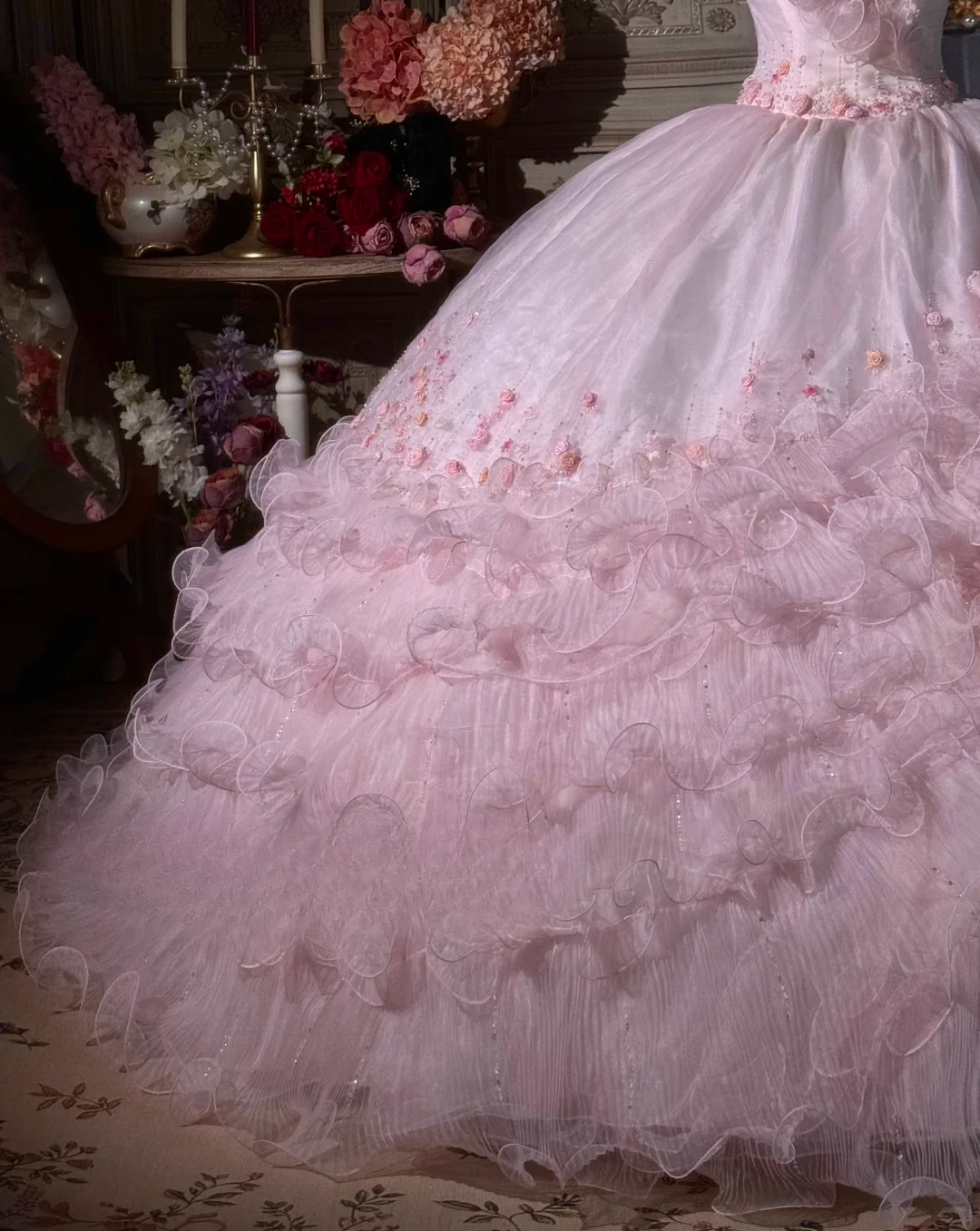 Vintage-Inspired Pink Floral Embellished Tulle Ball Gown Strapless Ruffled Quinceañera Formal Dress TP5116