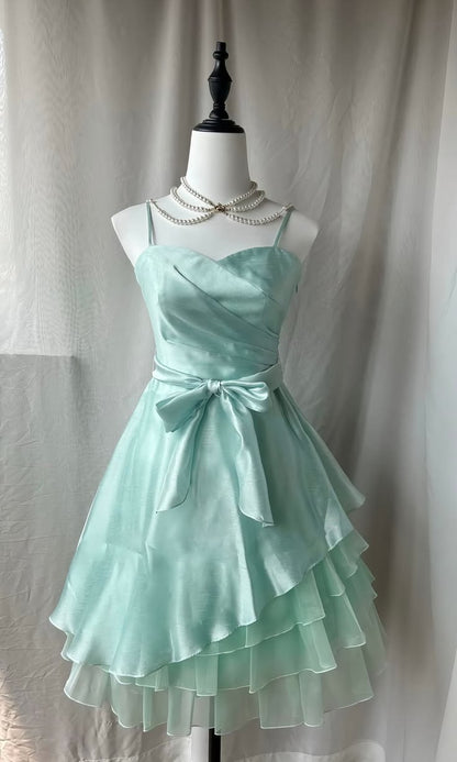Cute Mint Green Satin Spaghetti Strap Short Tiered Ruffle A-Line Homecoming Dress TP5891